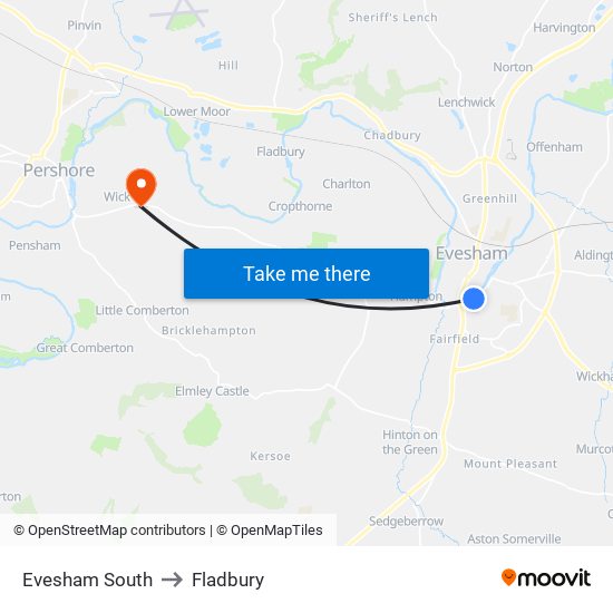 Evesham South to Fladbury map