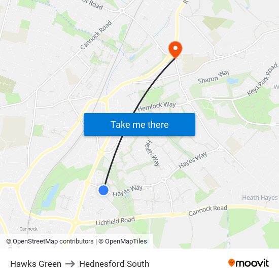 Hawks Green to Hednesford South map