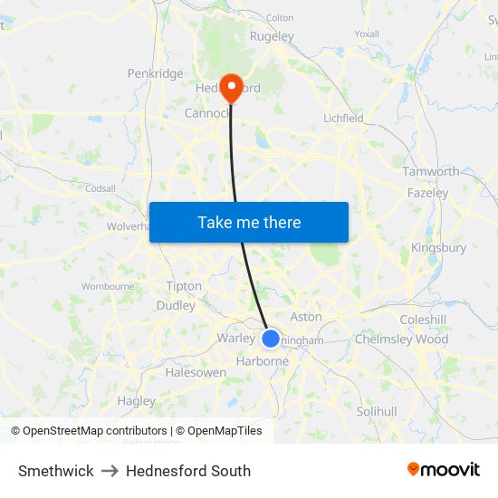 Smethwick to Hednesford South map