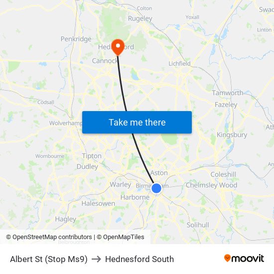 Albert St (Stop Ms9) to Hednesford South map