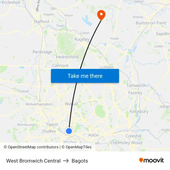 West Bromwich Central to Bagots map