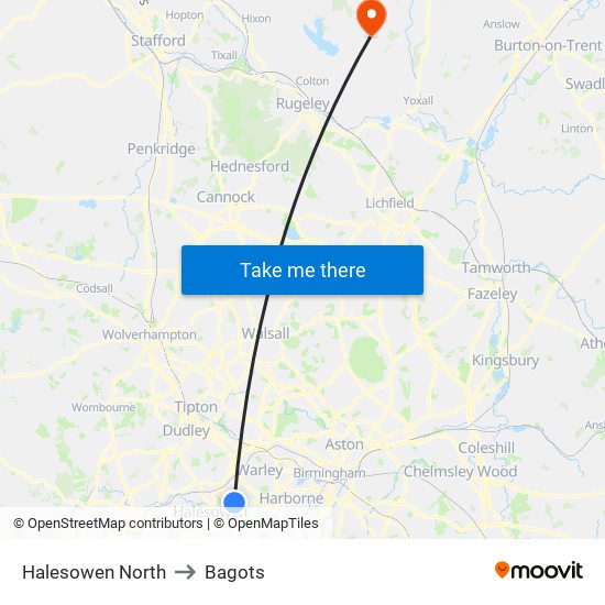 Halesowen North to Bagots map