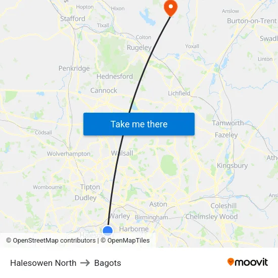 Halesowen North to Bagots map