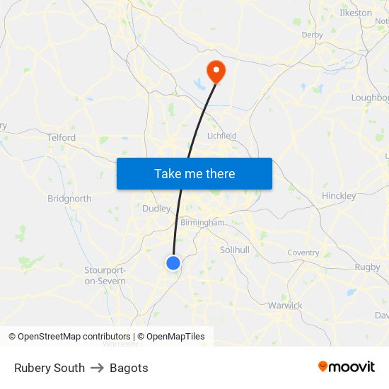 Rubery South to Bagots map