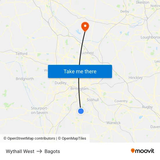Wythall West to Bagots map