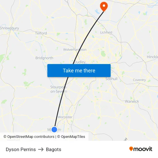 Dyson Perrins to Bagots map