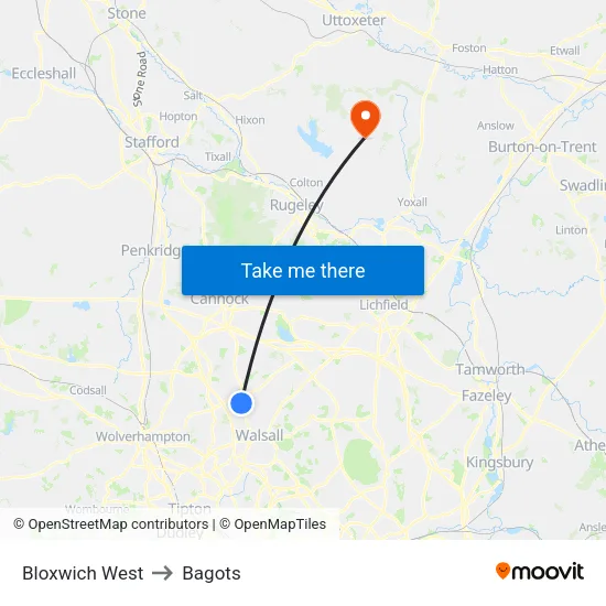 Bloxwich West to Bagots map