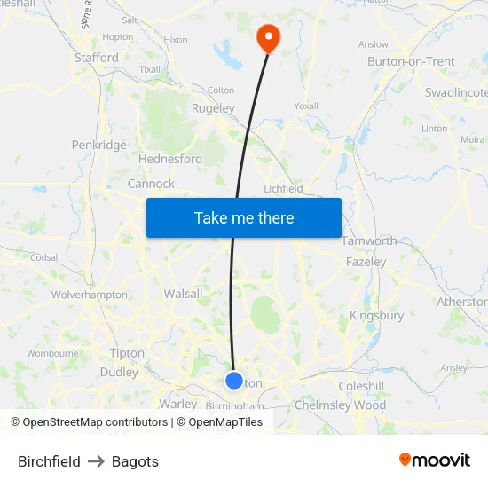 Birchfield to Bagots map