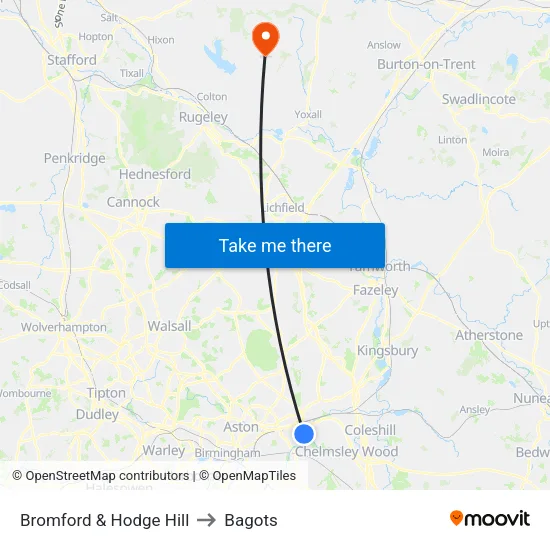 Bromford & Hodge Hill to Bagots map