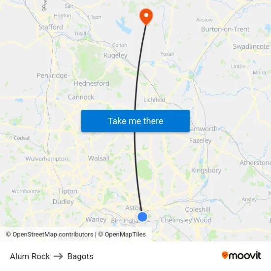 Alum Rock to Bagots map