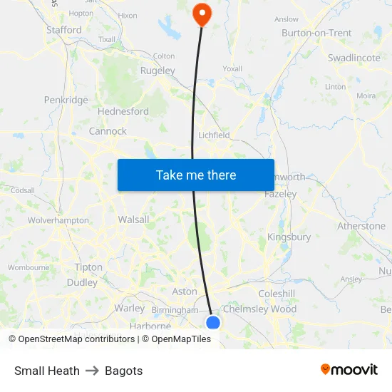 Small Heath to Bagots map