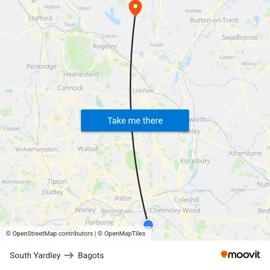 South Yardley to Bagots map
