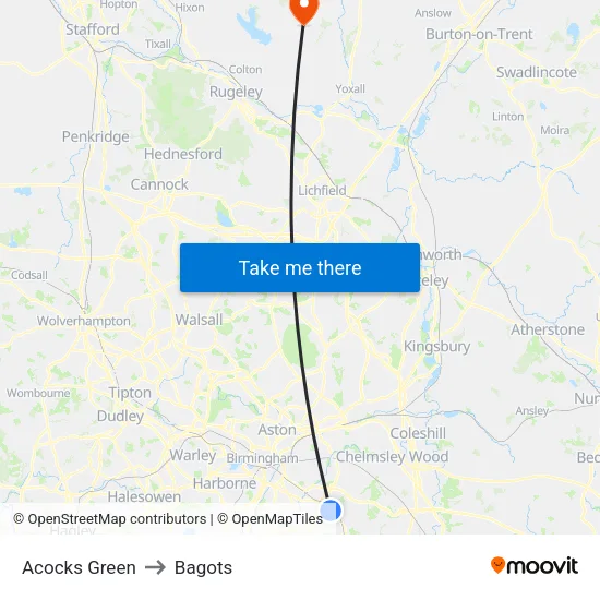 Acocks Green to Bagots map