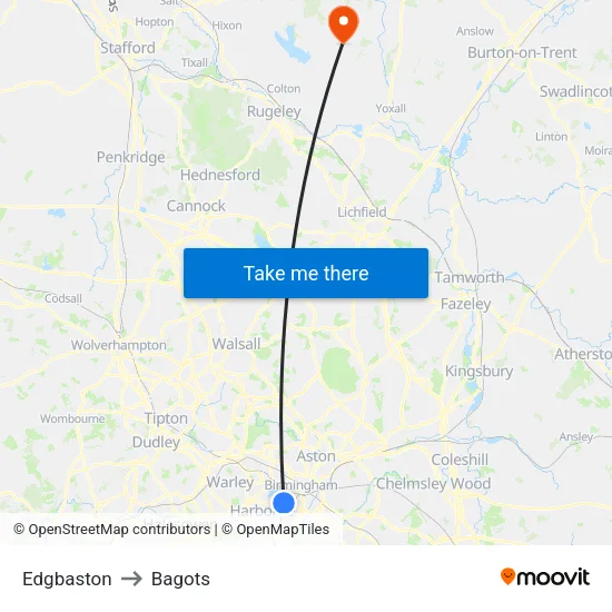 Edgbaston to Bagots map