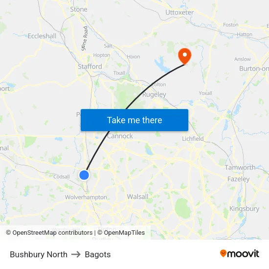 Bushbury North to Bagots map