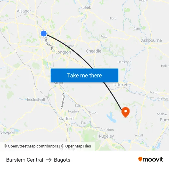 Burslem Central to Bagots map