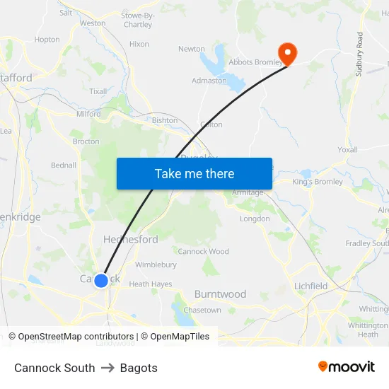 Cannock South to Bagots map