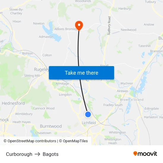Curborough to Bagots map