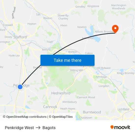 Penkridge West to Bagots map
