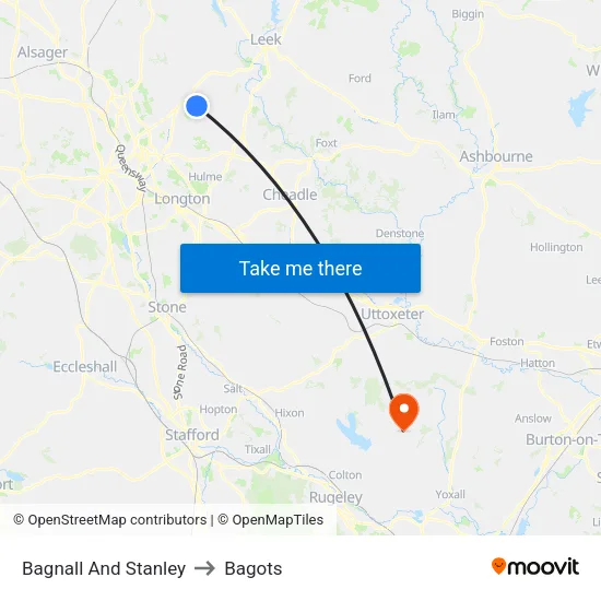 Bagnall And Stanley to Bagots map