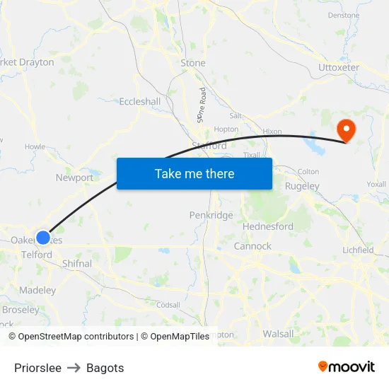 Priorslee to Bagots map