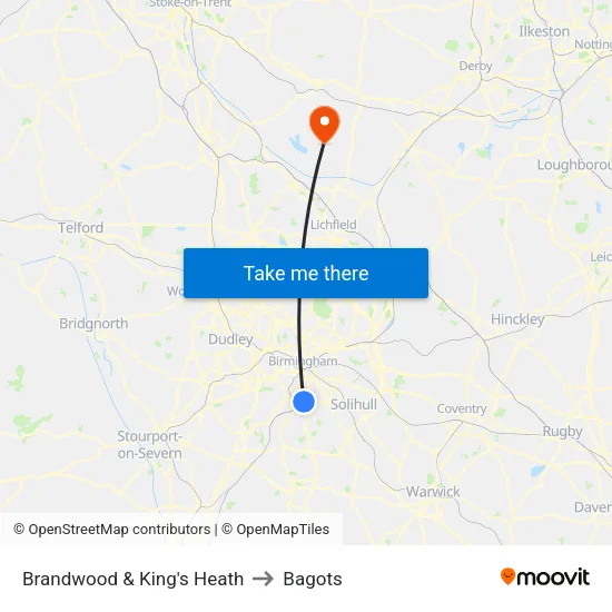 Brandwood & King's Heath to Bagots map