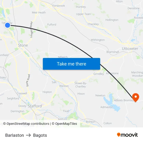 Barlaston to Bagots map