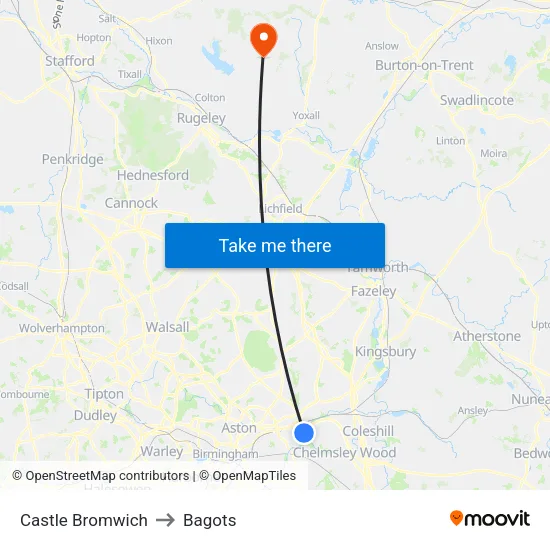 Castle Bromwich to Bagots map