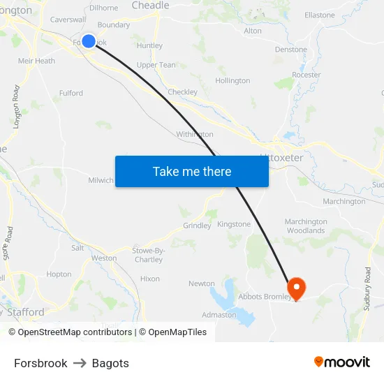 Forsbrook to Bagots map