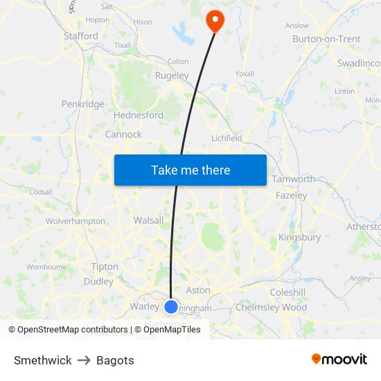 Smethwick to Bagots map