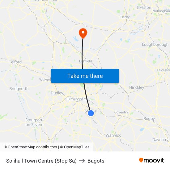 Solihull Town Centre (Stop Sa) to Bagots map