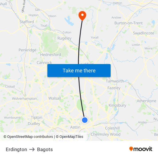 Erdington to Bagots map