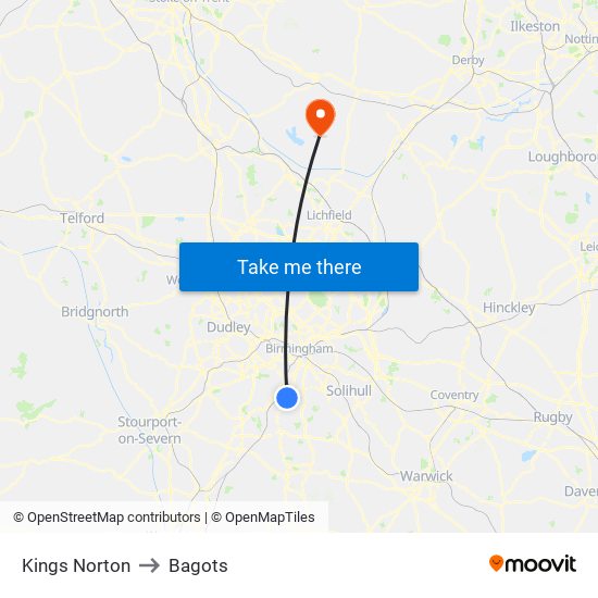 Kings Norton to Bagots map