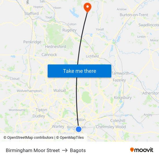 Birmingham Moor Street to Bagots map