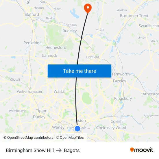 Birmingham Snow Hill to Bagots map