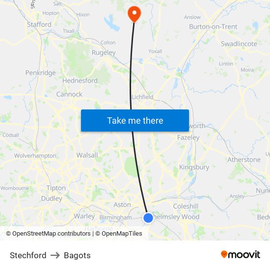 Stechford to Bagots map