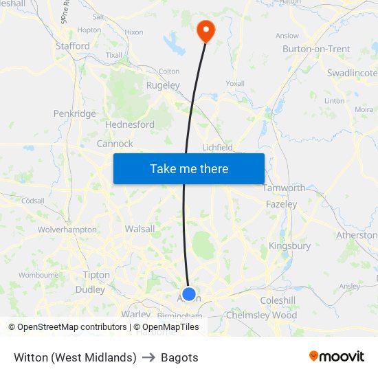 Witton (West Midlands) to Bagots map