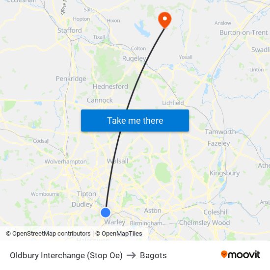 Oldbury Interchange (Stop Oe) to Bagots map