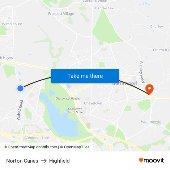 Norton Canes to Highfield map