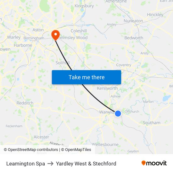 Leamington Spa to Yardley West & Stechford map