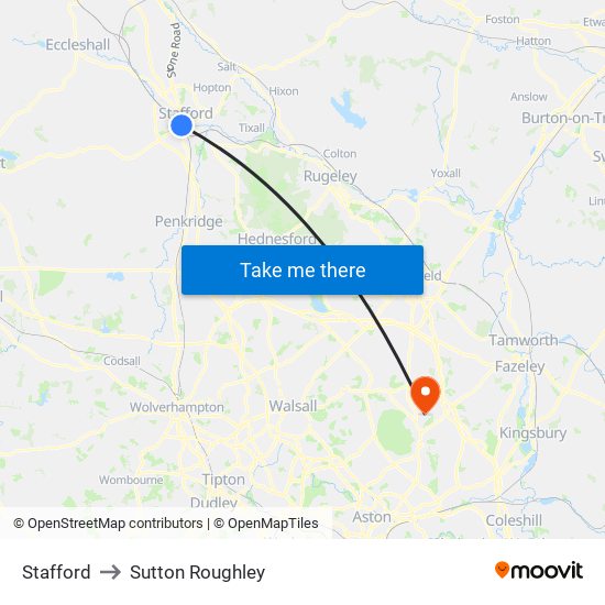 Stafford to Sutton Roughley map