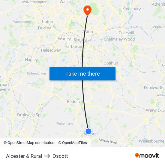 Alcester & Rural to Oscott map