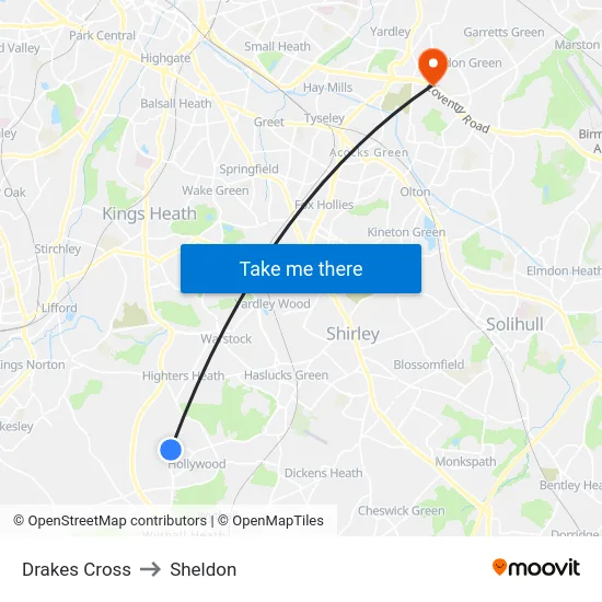 Drakes Cross to Sheldon map