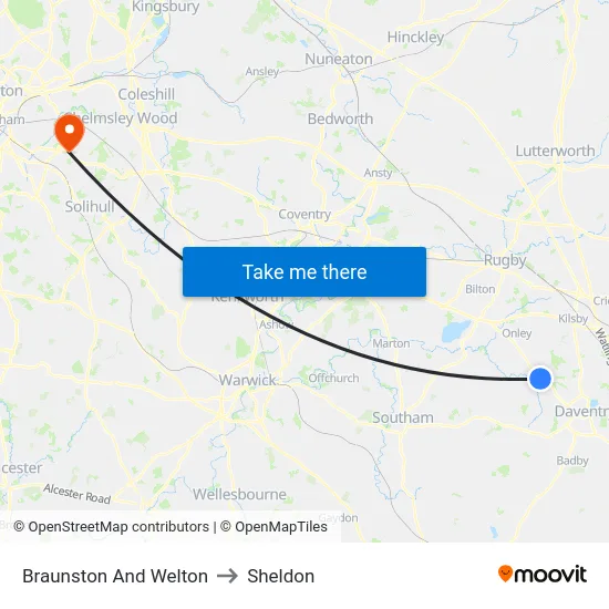 Braunston And Welton to Sheldon map