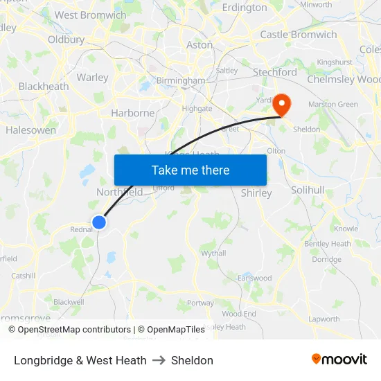 Longbridge & West Heath to Sheldon map