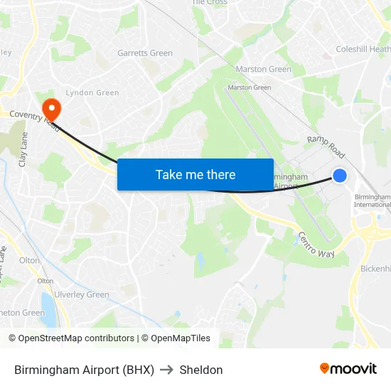 Birmingham Airport (BHX) to Sheldon map