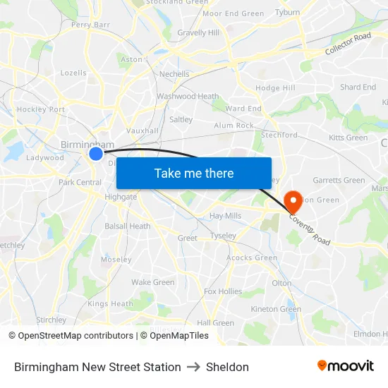 Birmingham New Street Station to Sheldon map