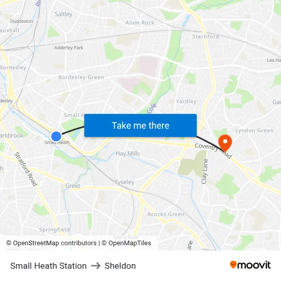 Small Heath Station to Sheldon map