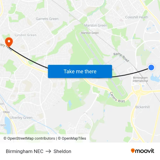 Birmingham NEC to Sheldon map