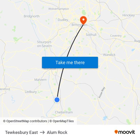 Tewkesbury East to Alum Rock map